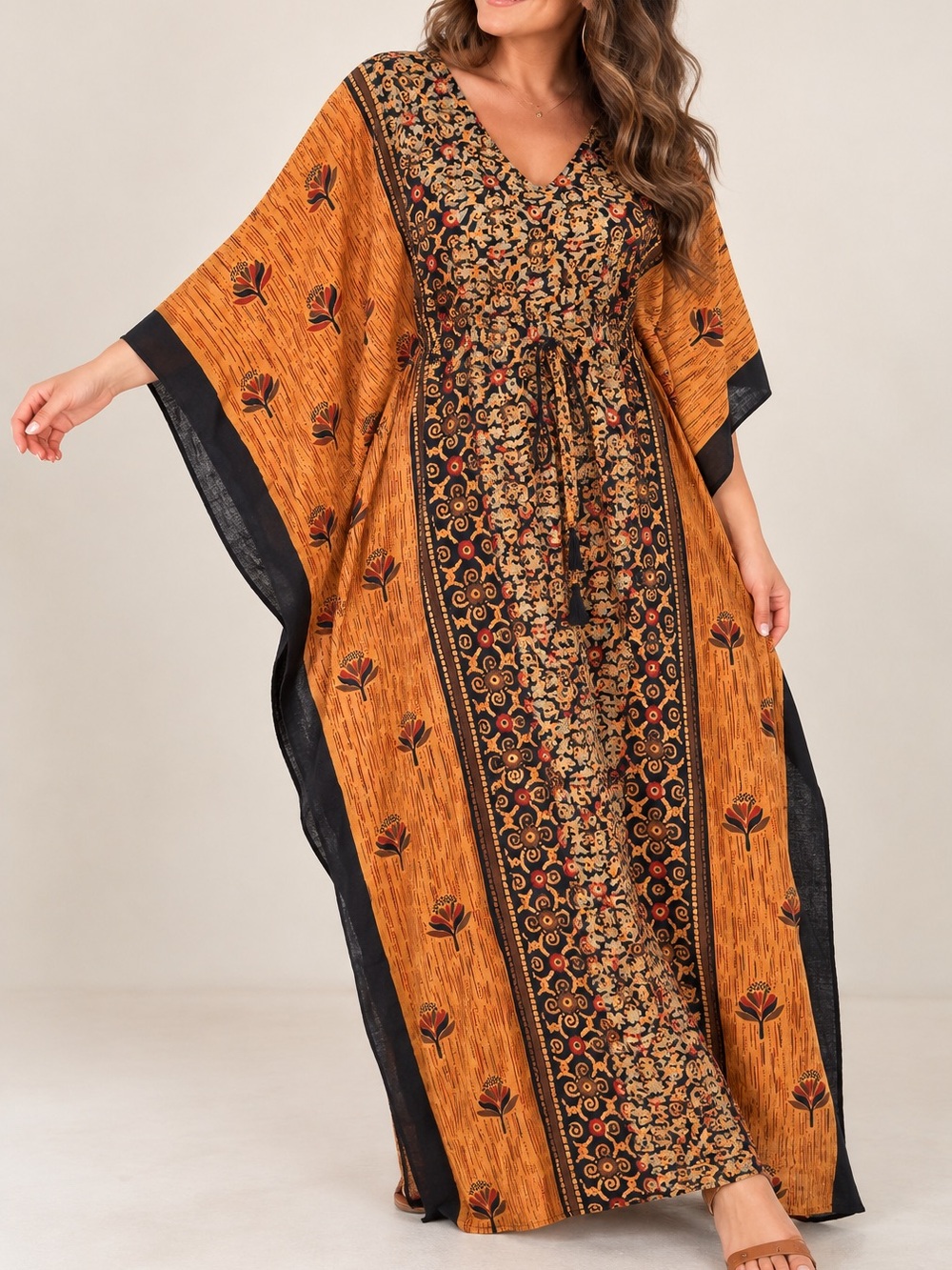 Kings Road Indian Cotton Kaftan Maxi Dress Free Size Boho Metallic Tan NWT